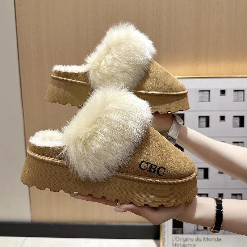 2024 Nuevos zapatos de plataforma de peluche de pelaje de piel de invierno zapatillas para mujeres, pantalones de algodón de alg