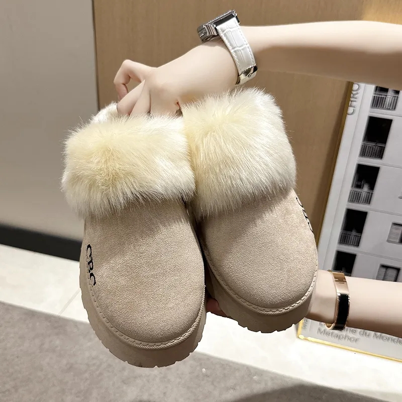 2024 Nuevos zapatos de plataforma de peluche de pelaje de piel de invierno zapatillas para mujeres, pantalones de algodón de alg