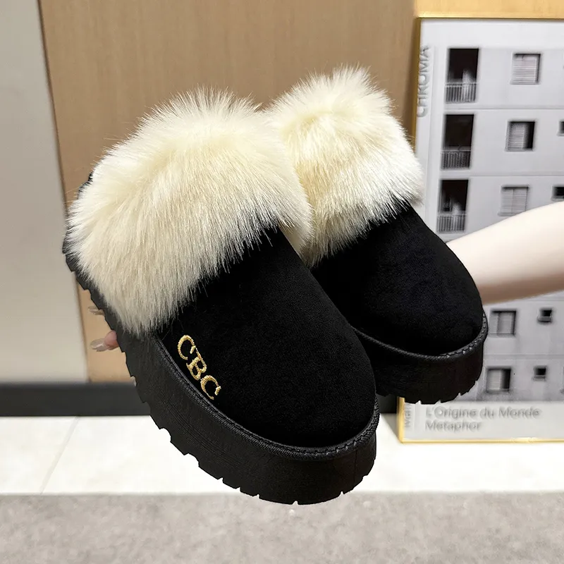 2024 Nuevos zapatos de plataforma de peluche de pelaje de piel de invierno zapatillas para mujeres, pantalones de algodón de alg