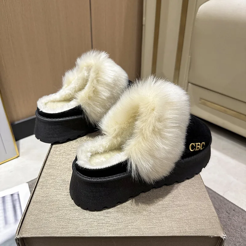 2024 Nuevos zapatos de plataforma de peluche de pelaje de piel de invierno zapatillas para mujeres, pantalones de algodón de alg