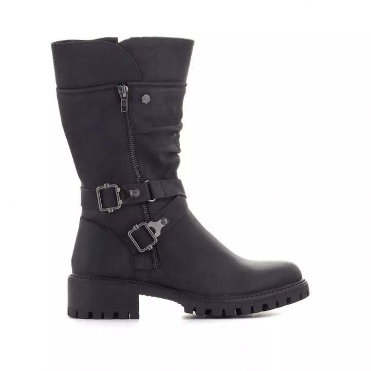Botas tacón Deity negras con cremallera y doble hebilla