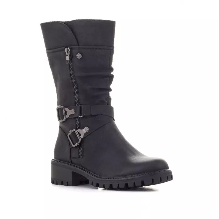 Botas tacón Deity negras con cremallera y doble hebilla