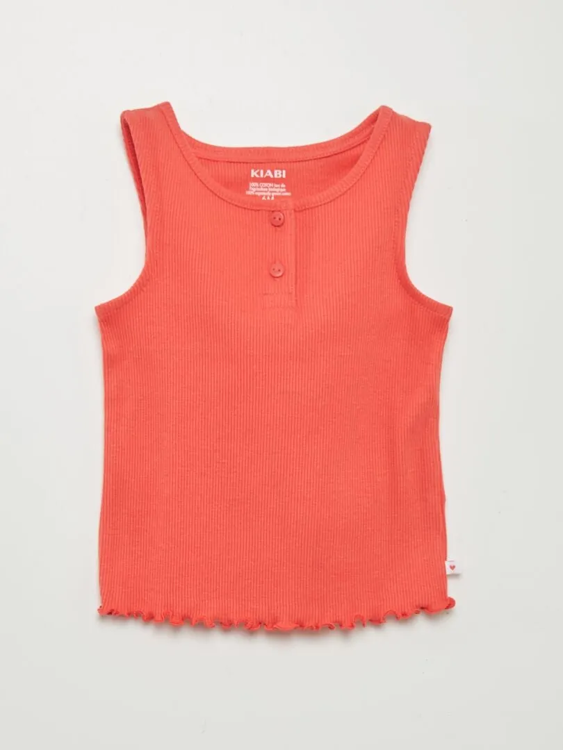 CAMISETA SIN MANGAS DE CANALé CON VOLANTES EN EL BORDE  ROJO
