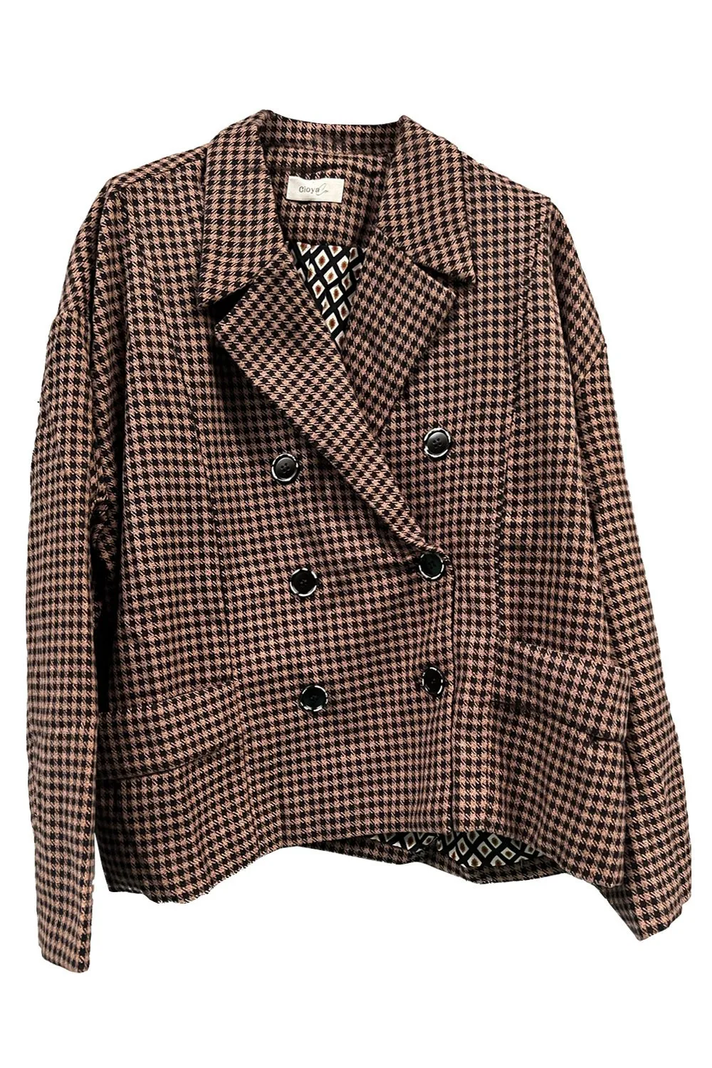 Chaqueta con estampado de pata de gallo en negro y rosa