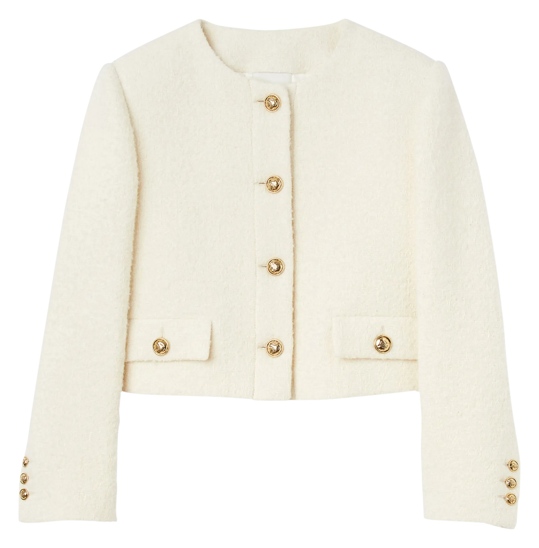 Chaqueta corta de tejido rizado con cuello redondo en blanco