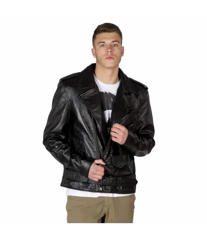 CHAQUETA PIEL NAPA HOMBRE CRUZADA NEGRA CREMALLERAS NEGRAS NEWROCK NRLMJ006S4