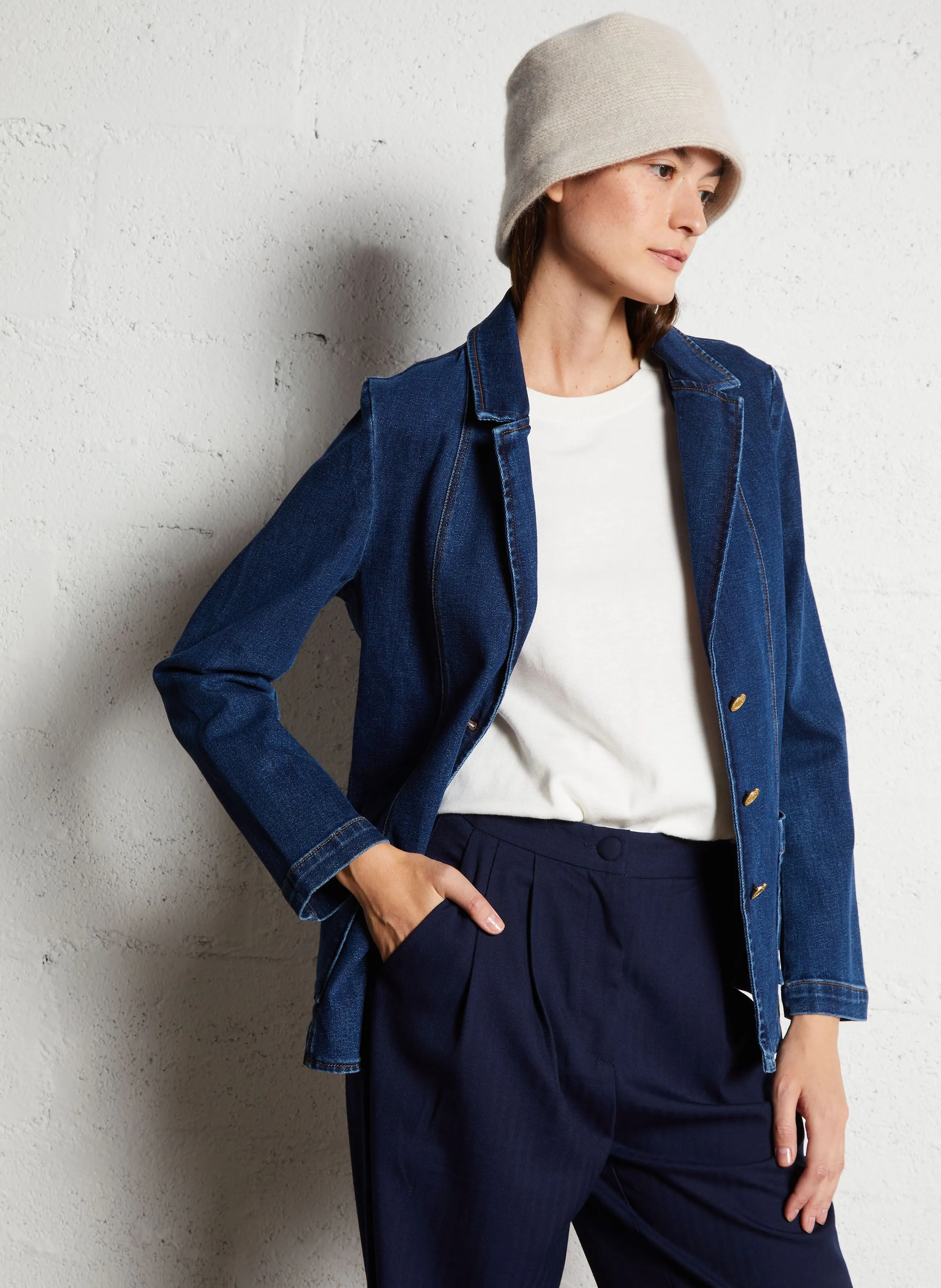 Chaqueta recta estampada de mezcla de algodón con cuello clásico en azul