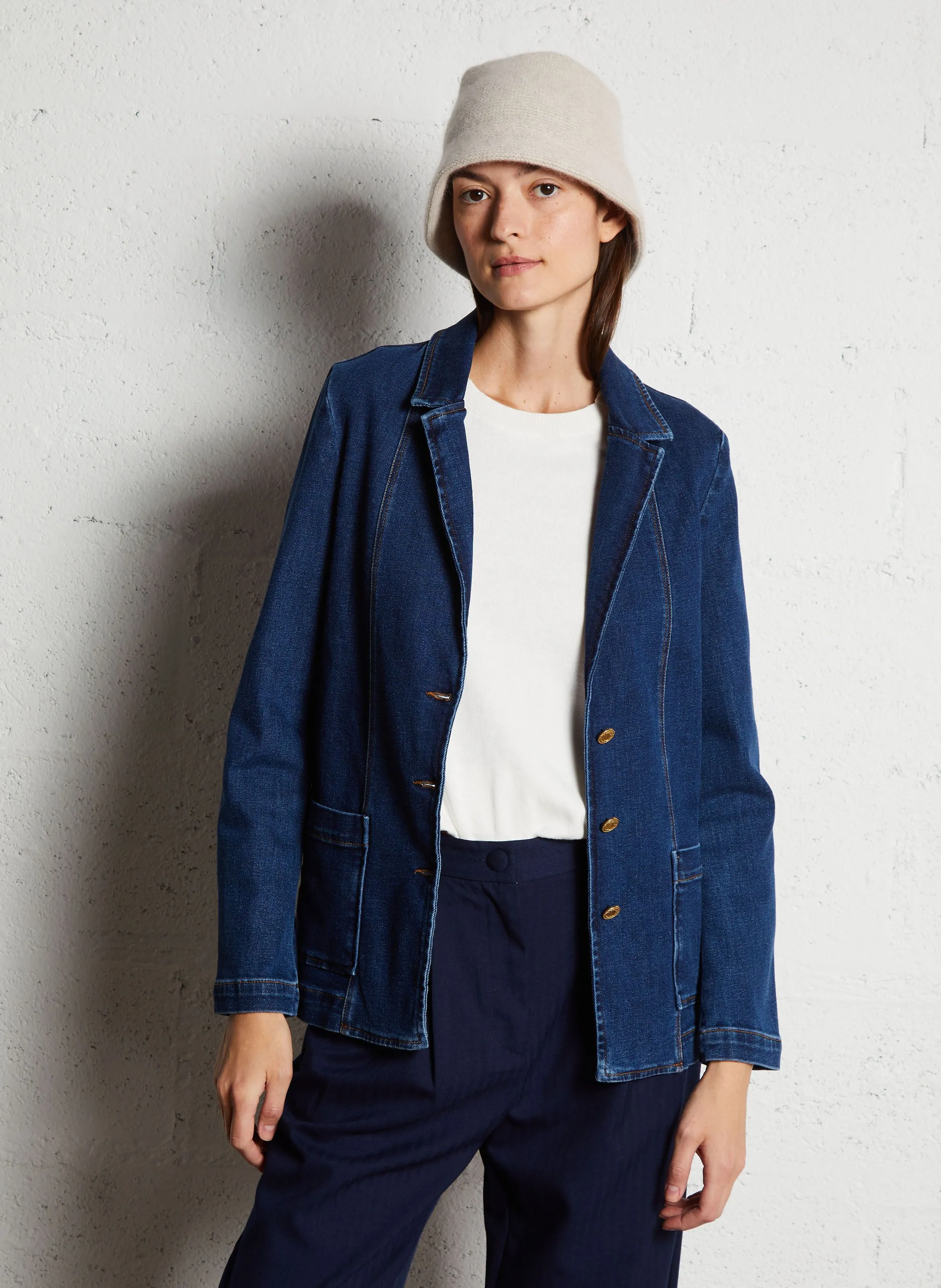 Chaqueta recta estampada de mezcla de algodón con cuello clásico en azul