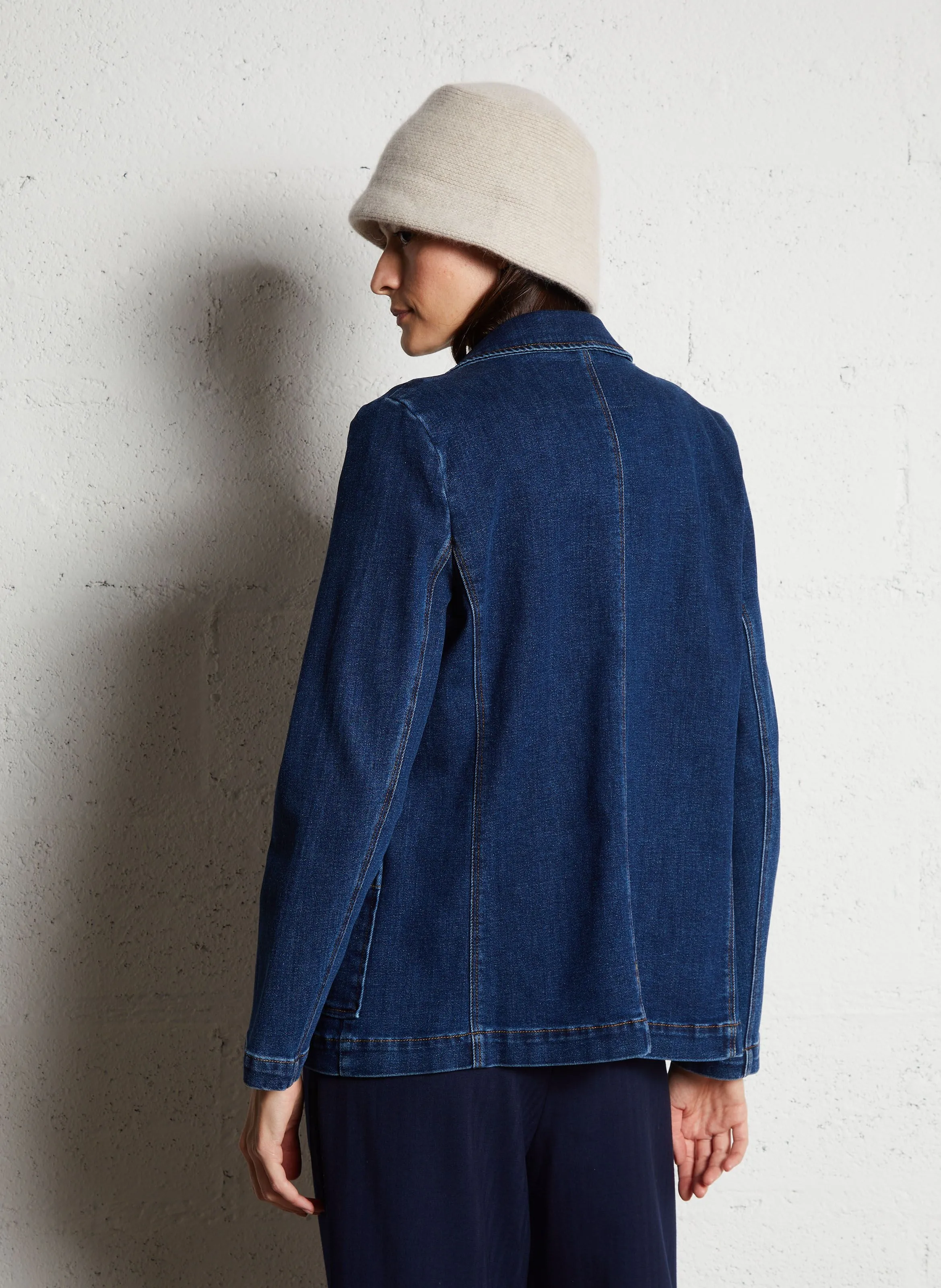 Chaqueta recta estampada de mezcla de algodón con cuello clásico en azul