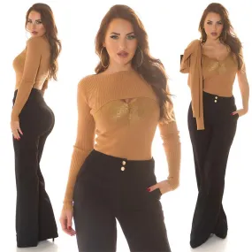 Conjunto 2 piezas top y sueter capuchino
