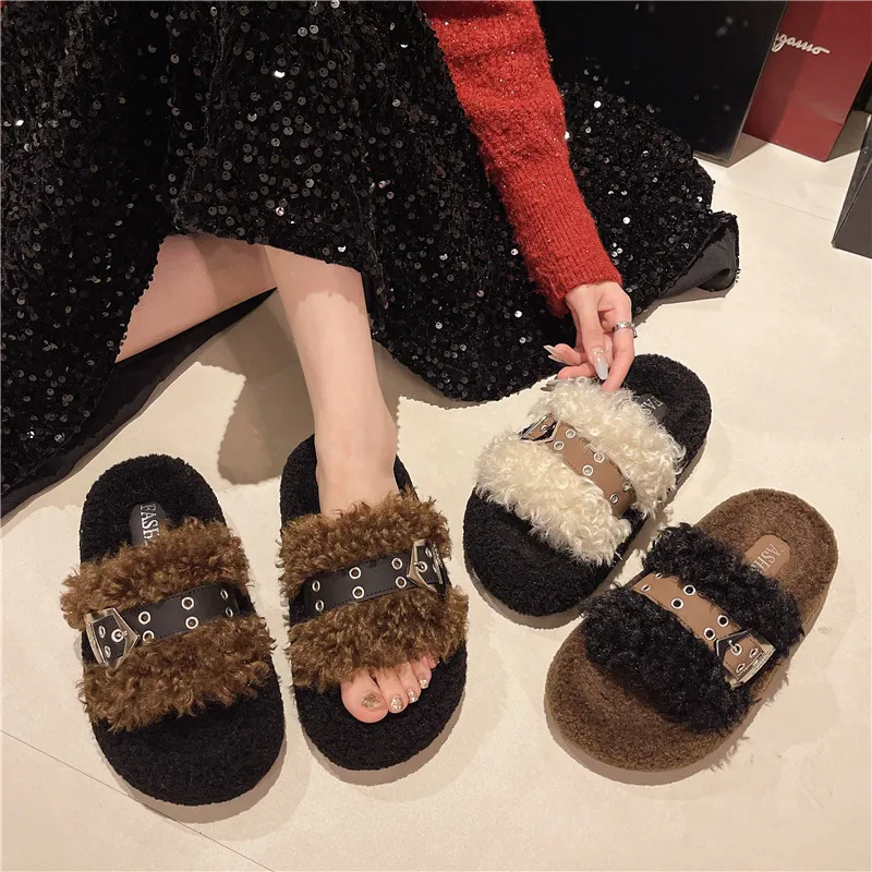 Hebilla de cinturón de fondo grueso premium peludo para ropa exterior de invierno para mujeres 2024 Nuevo estilo con falda zapat