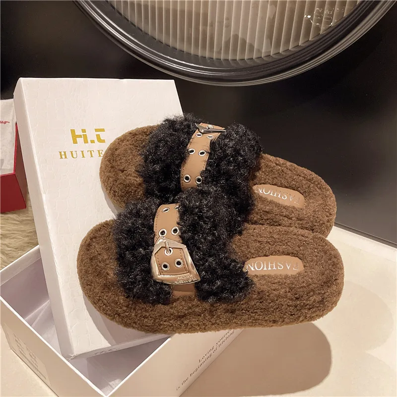 Hebilla de cinturón de fondo grueso premium peludo para ropa exterior de invierno para mujeres 2024 Nuevo estilo con falda zapat
