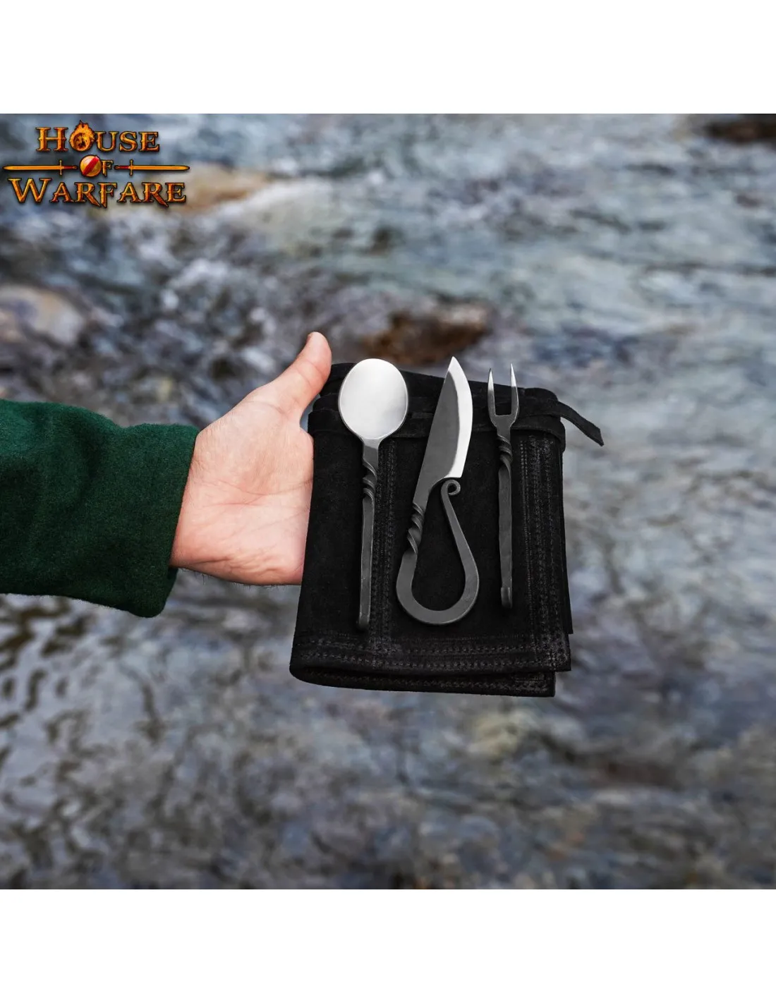 Juego 3 cubiertos medievales forjados con funda