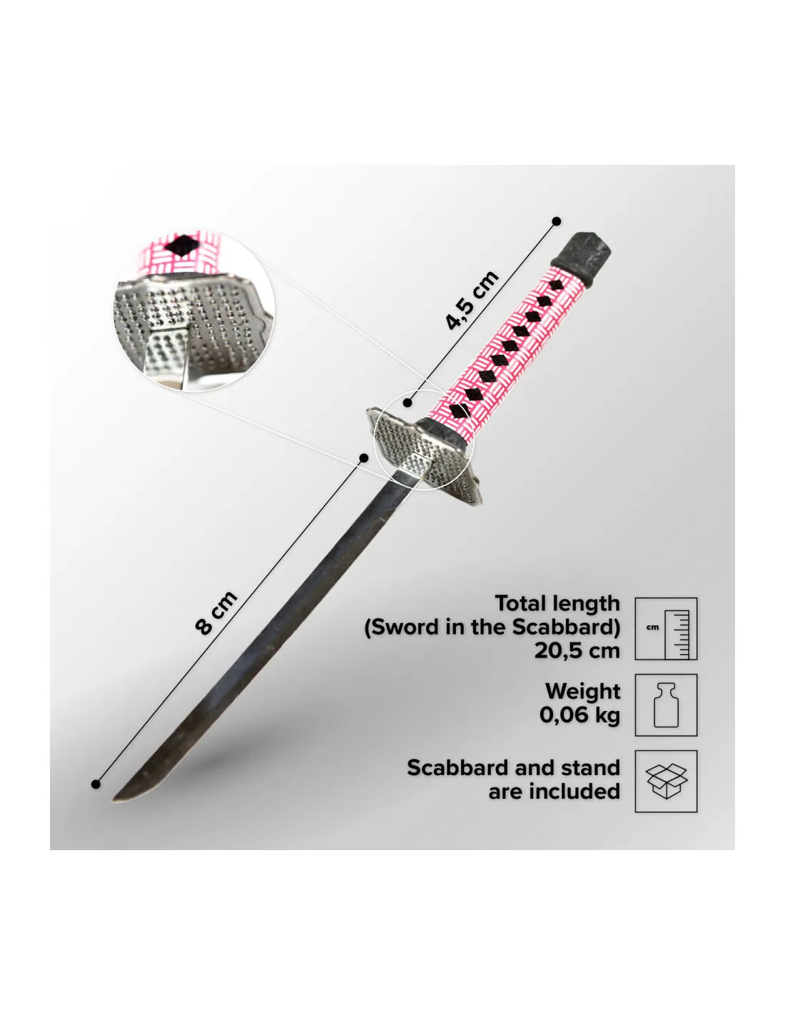 MINI KATANA ABRECARTAS CON FUNDA Y STAND, 20,5 CM.