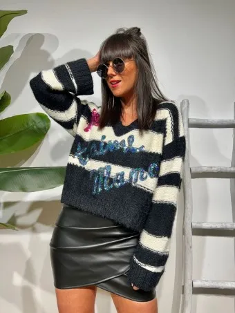 Punto Rayas JE T´AIME MAMA Negro