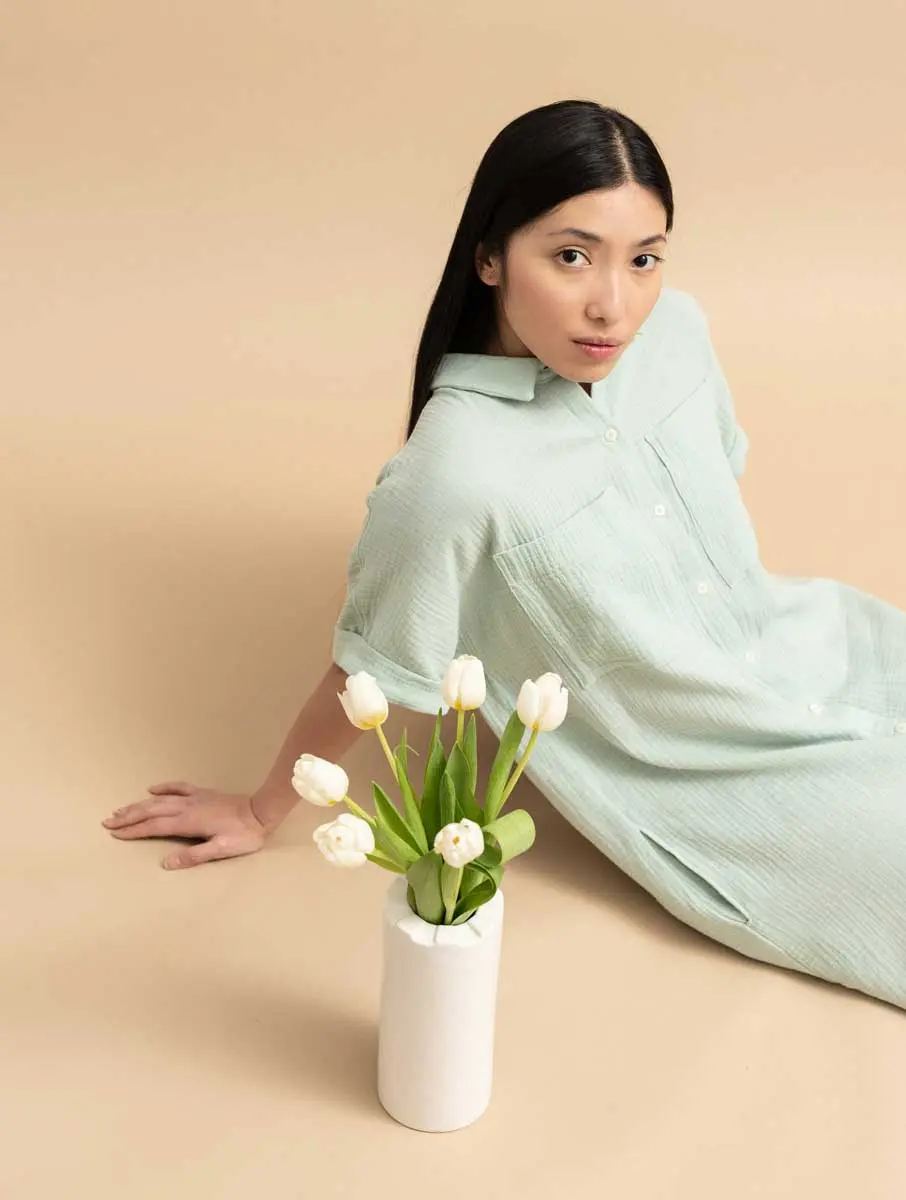 Vestido camisero corto de algodón orgánico menta