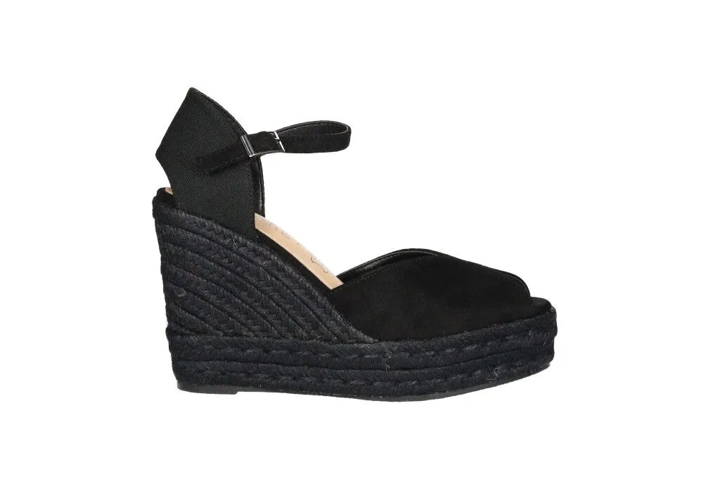 Zapato Descubierto Nobuck Negro Pulsera Cuña Esparto Alta