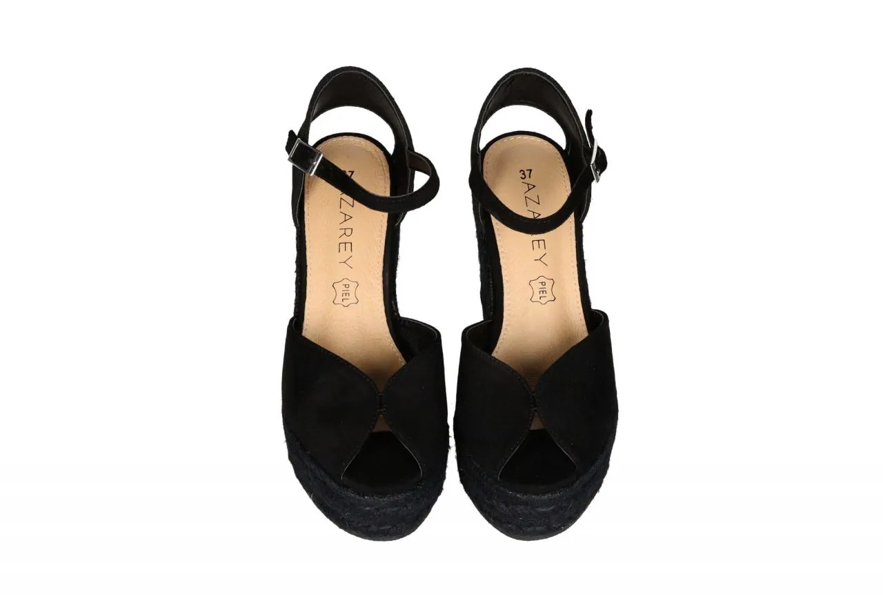 Zapato Descubierto Nobuck Negro Pulsera Cuña Esparto Alta