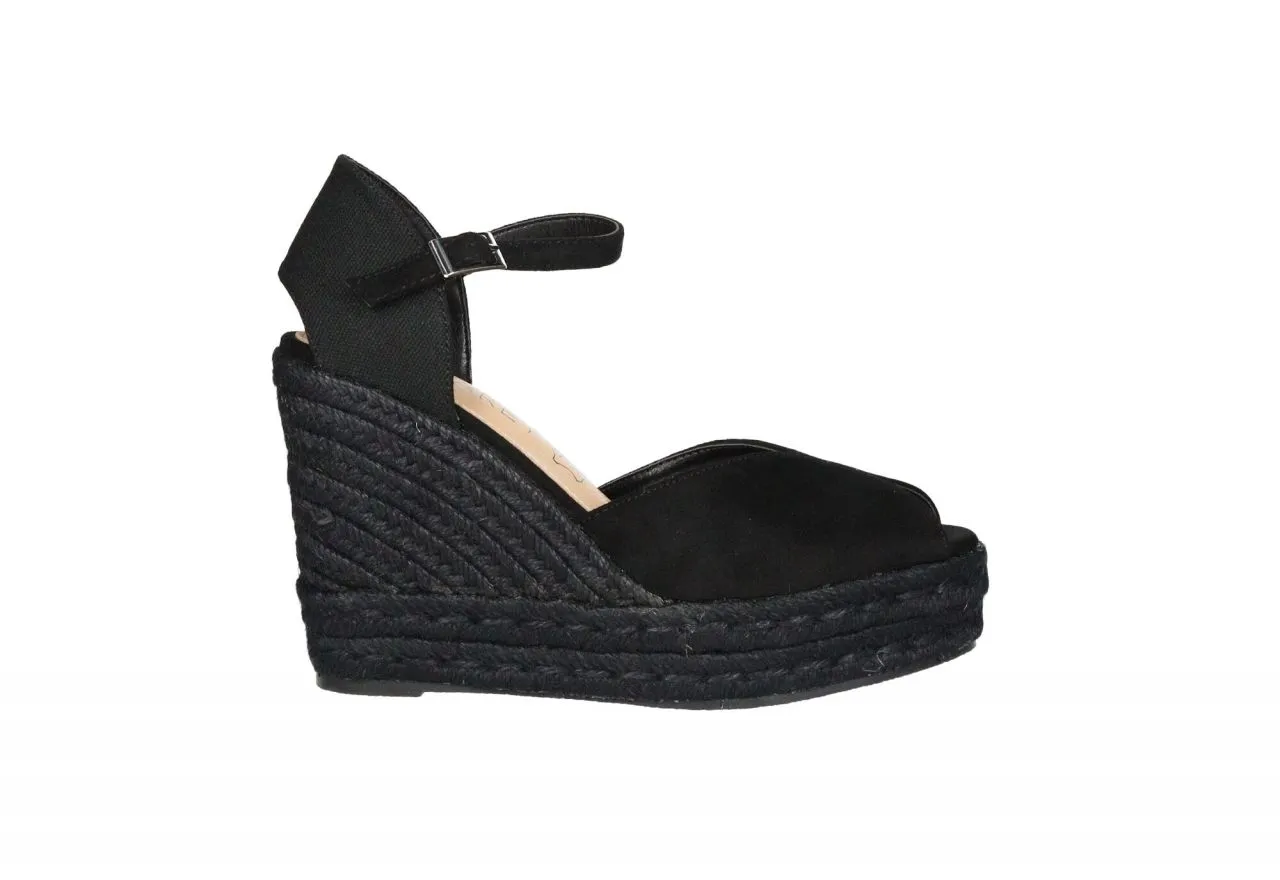 Zapato Descubierto Nobuck Negro Pulsera Cuña Esparto Alta