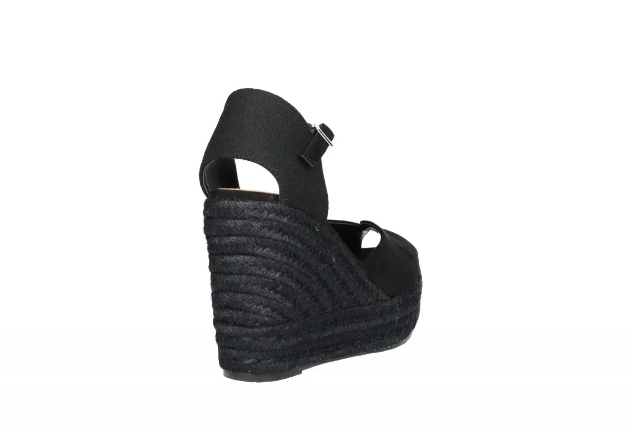 Zapato Descubierto Nobuck Negro Pulsera Cuña Esparto Alta