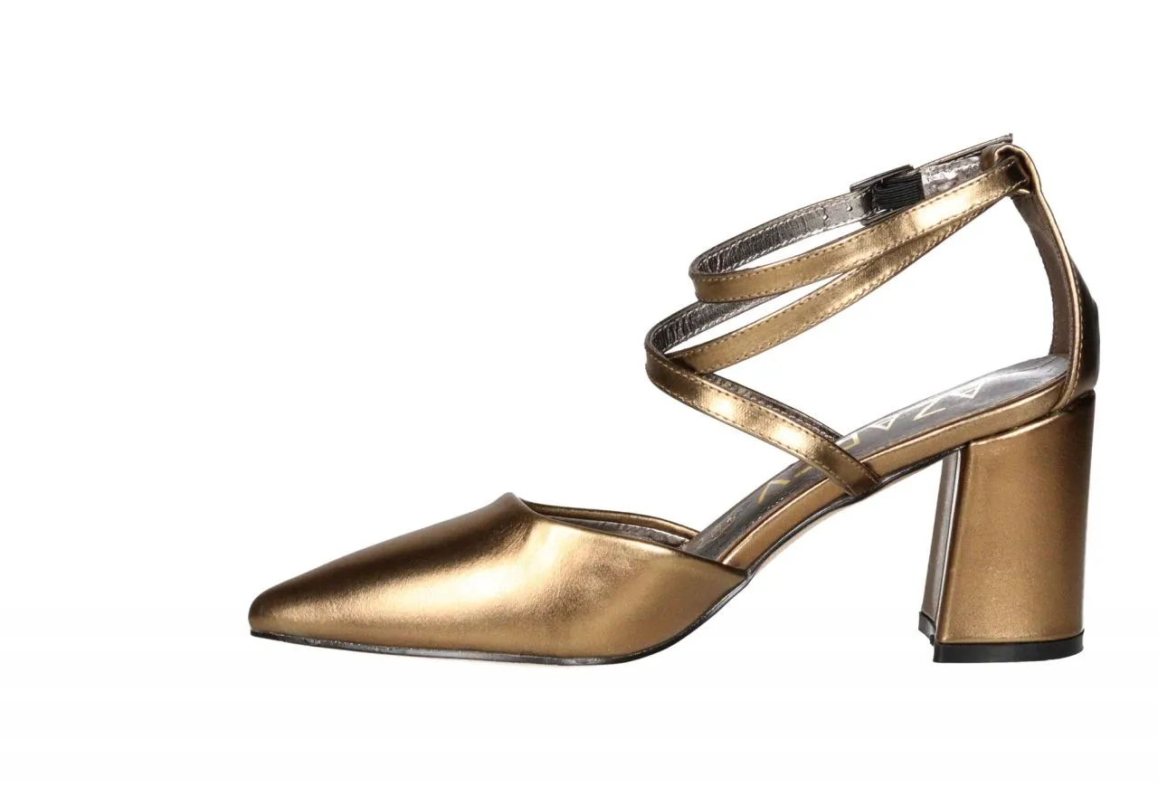 Zapato Metalizado Bronce Tiras Cruzadas Pulsera Tobillo