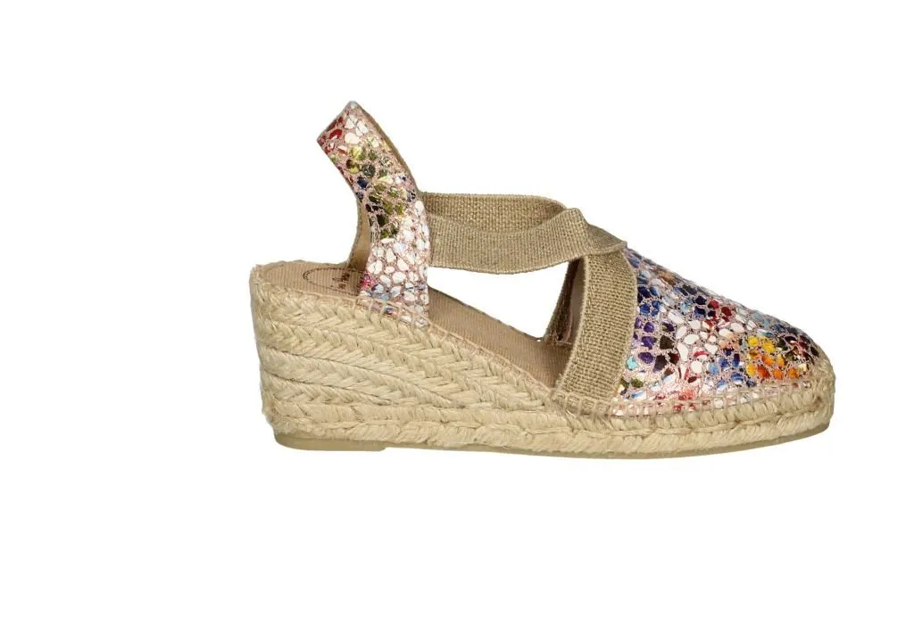 Zapato Talon Abierto Multicolor Cruzado Elastico Taupe