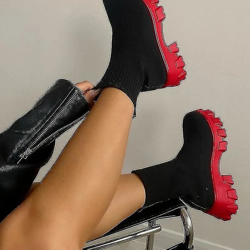Zapatos Botas de mujer Botas de calcetín de punto Botas de suela gruesa tubo corto transpirables Botas de talla grande Botas de 